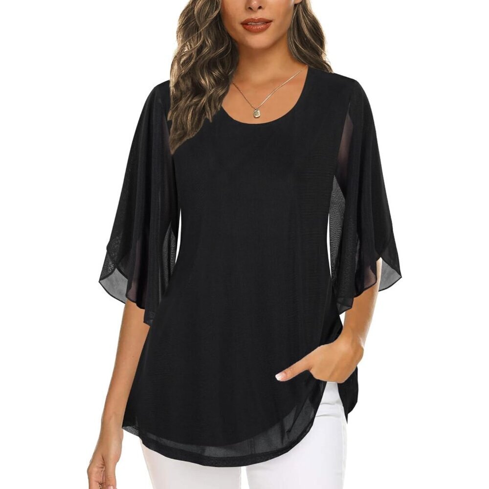 Women's Mesh Blouse 3/4 Sleeve Sheer Overlay Casual Dressy Shirts